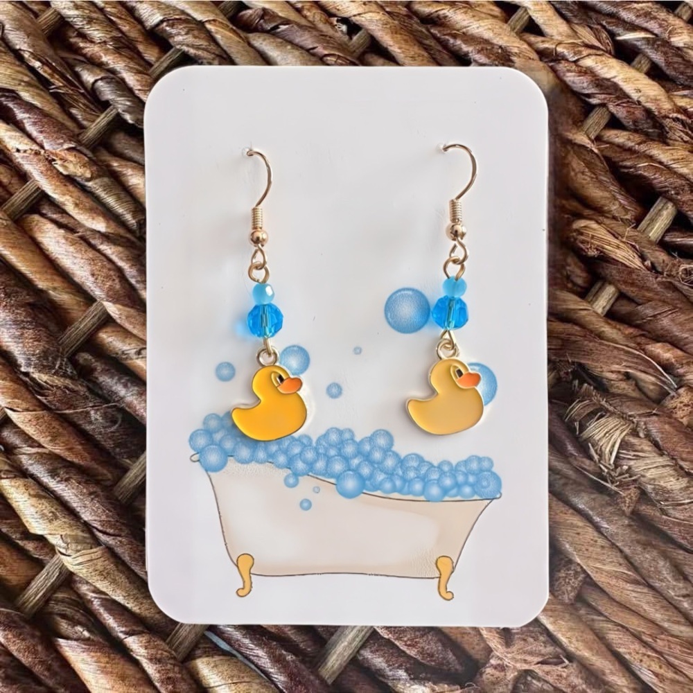 Cute New Handmade "Rubber Duckie Bath Time" Dangle Earrings (1.75" l x 0.5" w)